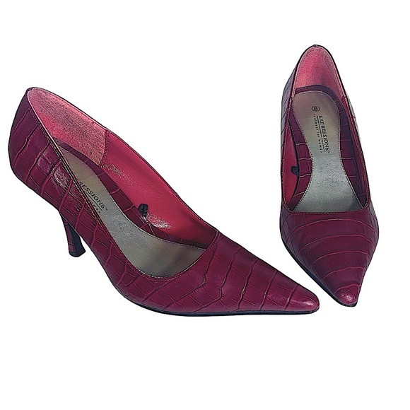 Expressions Pointy Toe Heels Faux Alligator Pumps 3.25 in Red Wine Women SZ 8 - Picture 2 of 16